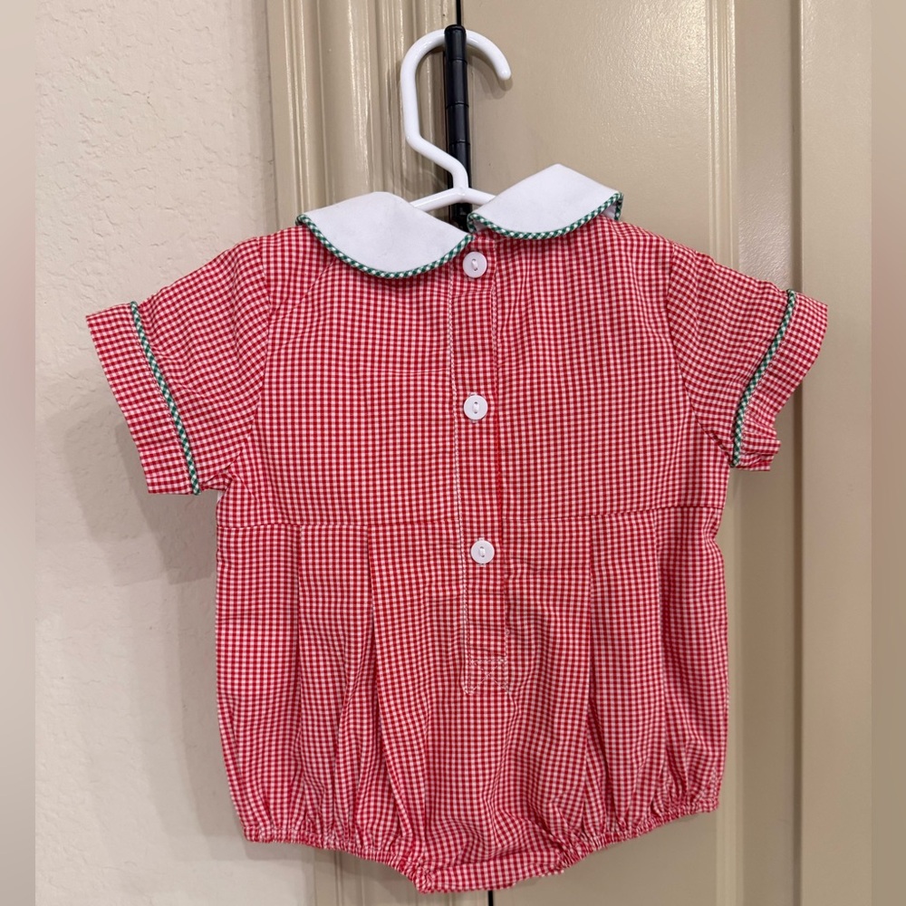 ANN+ REEVES Red Gingham Baby Romper with Christmas Embroidery Newborn NWOT - Picture 2 of 6